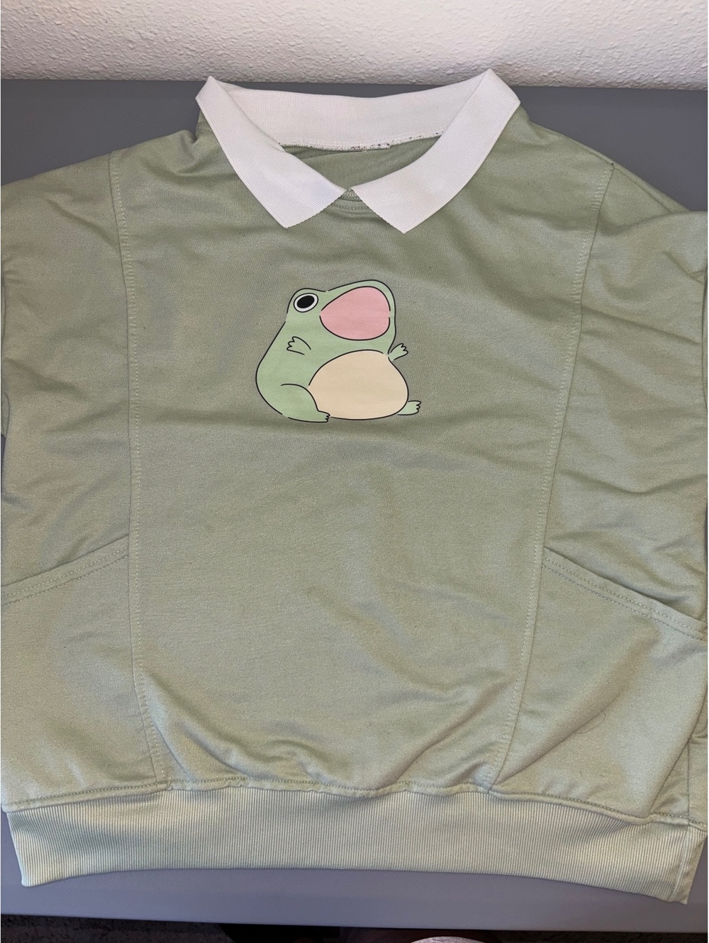Green Frog Graphic Collared Sweatshirt Pullover Kawaii Cute